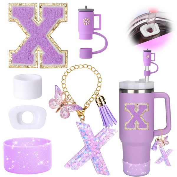 Purple 6-Piece Silicone Stanley Cup Accessories with Butterfly Glitter Letter Charms, Cup Sleeve, Letter Decals, and Straw Cap