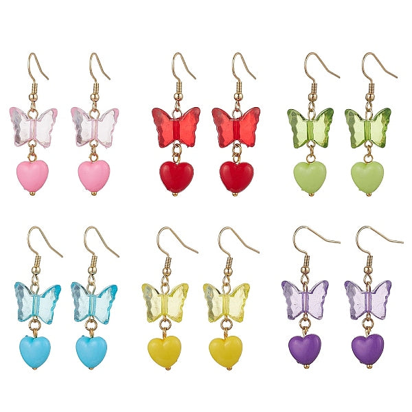 6 paire de boucles d'oreilles pendantes en acrylique en forme de papillon avec cœur