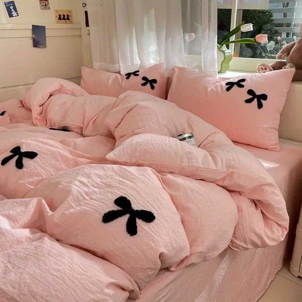 Princess Bowknot Bedding Set - Pink Solid Color Washed Cotton Duvet Cover Bed Flat Sheet for Girls, Single, Double Y240730