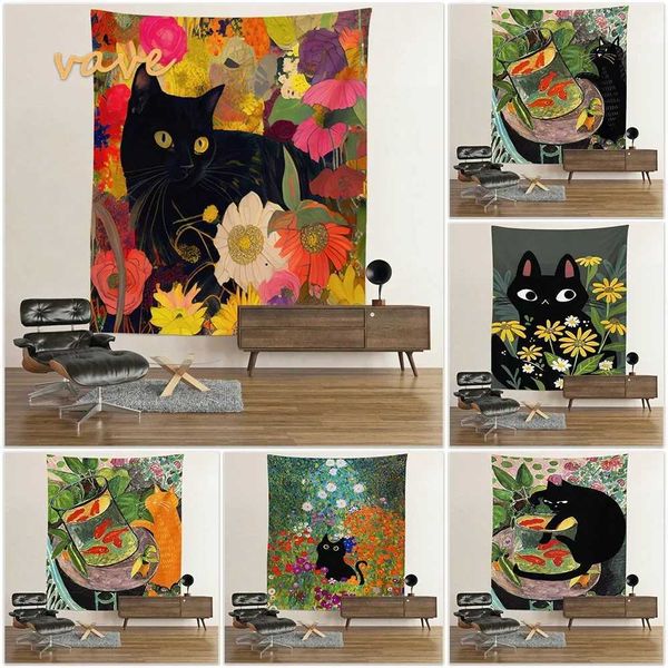 Cat Goldfish Tapestry Wall Hanging Plants Flowers Retro Oil Painting Wallpaper Kawaii Room Decoration W240809