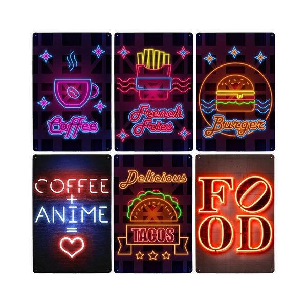 Cafe Pub Neon Metal Tin Signs Coffee Food Retro Metal Poster Plaques Decoration Bar Club Vintage Tin Wall Plates 30X20cm W03