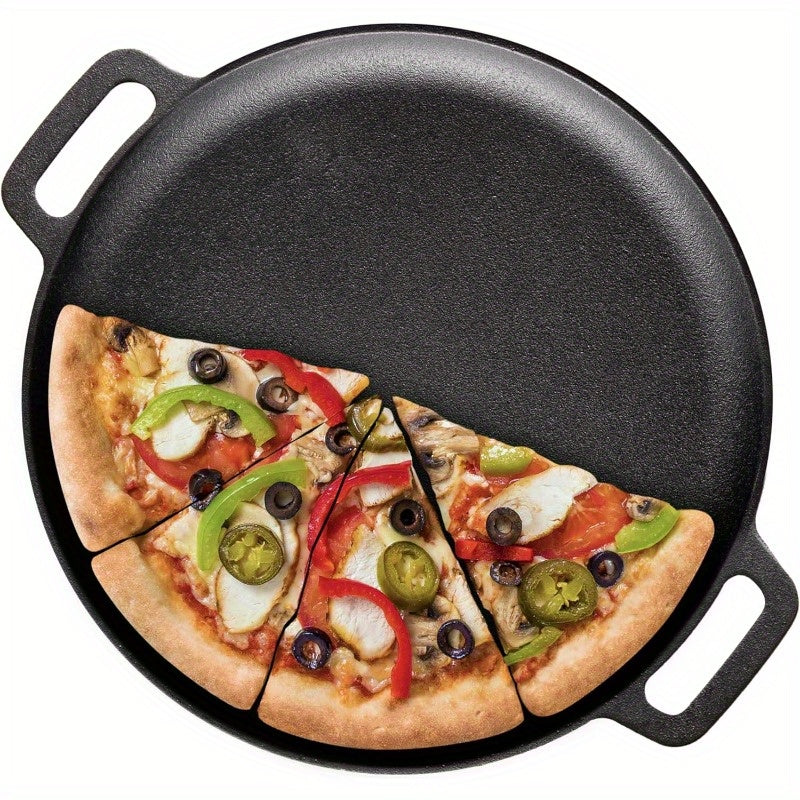 TEMU 11-inch Pre- Cast Iron Pizza Pan, Griddle Pan With Dual Handles, Heavy, Duty Cast Iron For Crepe, Baking, Frying, Roasting - Oven And Cookware,