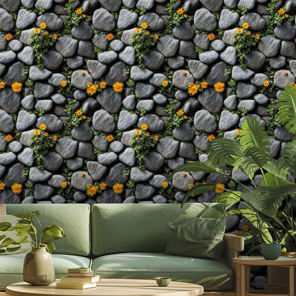 Cross border simulation stone wall green plants flowers retro wallpaper waterproof and moisture-proof home decoration