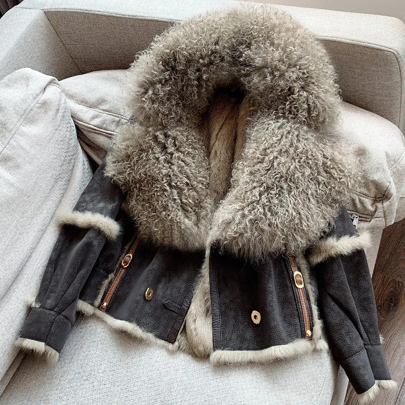 Womens Wool Blends RosEvans Vintage Natural Sheepskin Collar Rabbit Fur Full Pelt Coat Short Women Fashion patchwork coats Female Autumn Winter 2309