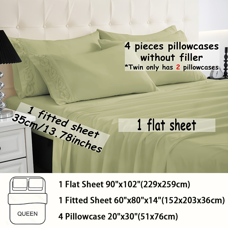 TEMU 4-6pcs Solid Color Microfiber Bedding Set 90gsm 2-4 Embroidery Swirl Pillowcase 1 Flat Sheet 1 Fitted Sheet With 13.78 Inch Deep Pocket For