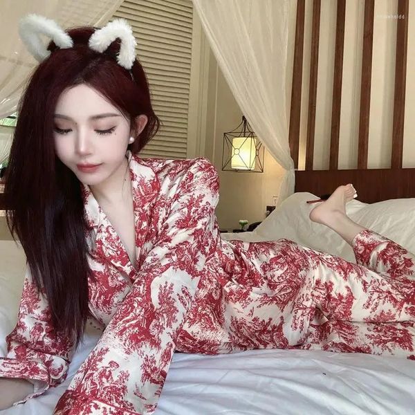 Home Clothing Autumn Print Pama Sets Women Sleepwear Temper Casual Pockets Aesthetic Korean Style Loose Fashion Classic Females Clothes