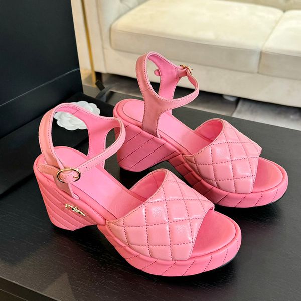 Womens Wedge Platform Heels 8cm Sandals Lambskin Slingback Dress Shoe Matelasse Quilted Texture Wedding Shoe Strass Buckle Strap Leisure Sho