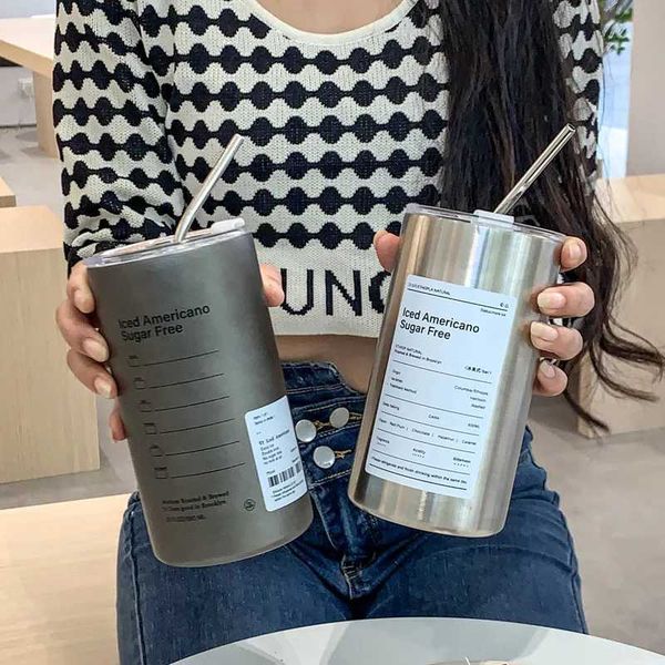 Mugs 1pcs Stainless Steel Iced Americano Cup Vacuum Double-layer Straight Cup with Straw Household Portable Thermos Cup CL250121