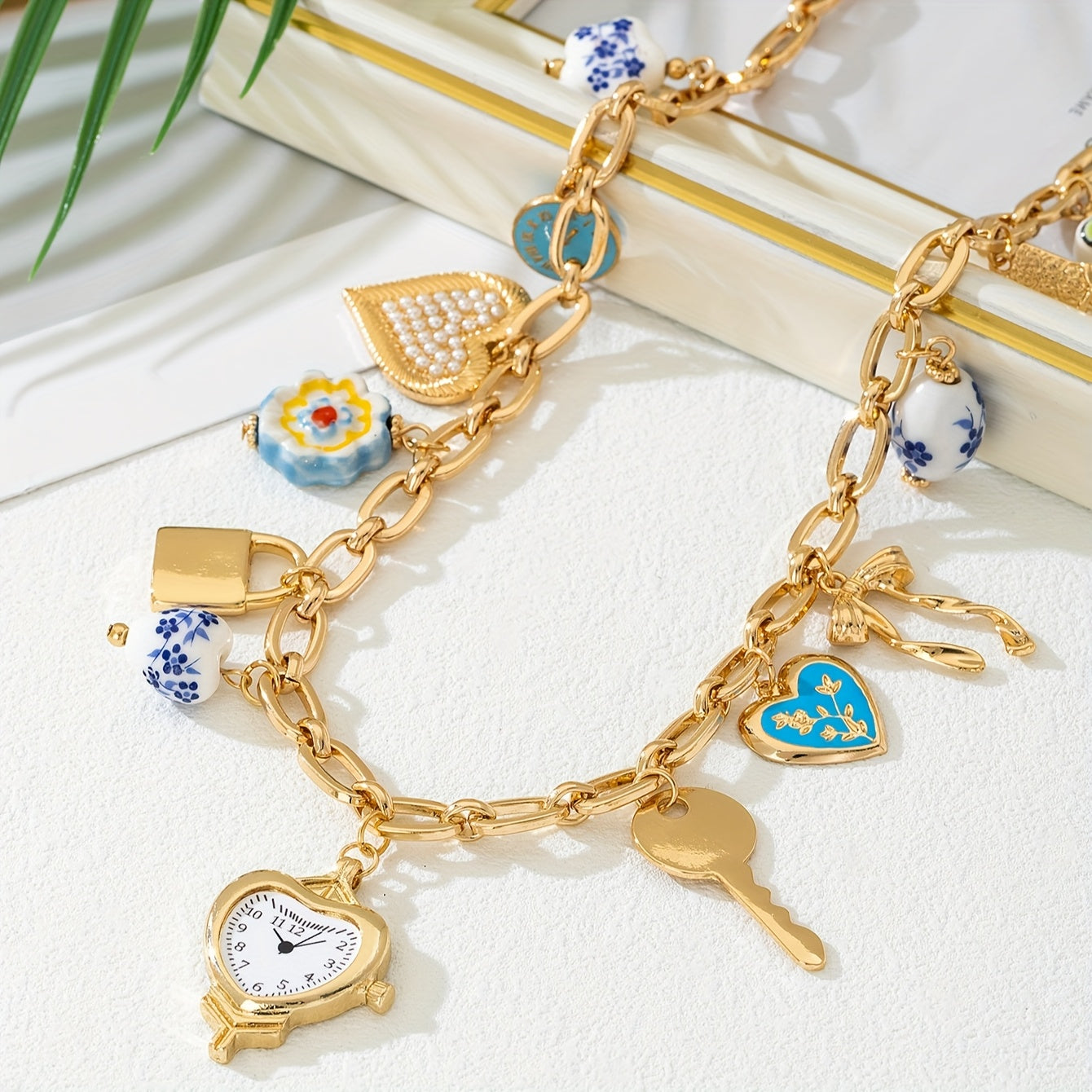 TEMU 1pc Bohemian Ceramic Pendant Necklace With Heart, Charms - Kc Golden-plated Durable Jewelry For Women, Casual Attire & Gift , Necklace Charms,