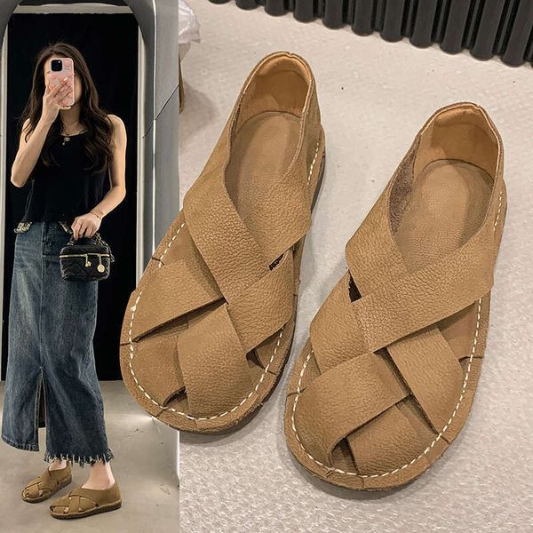 2024 leather Women&#039;s Sandals Top Layer Cowhide Handmade Woven Women casual Flats the retro art mori girl shoes