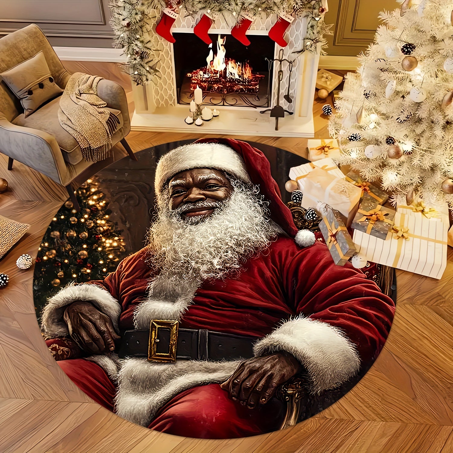 TEMU Christmas Black Leather Santa Claus Pattern Round Mat - Washable, Suitable For Living Room, Coffee Table, Bedroom, Entrance Door Mat And Dining