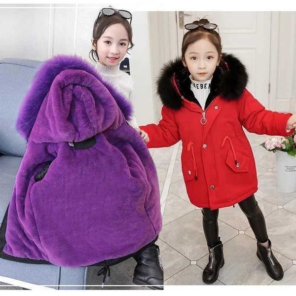 3-14Y Thick Keep Warm Winter Girls Jacket Large Fur Collar Padded Linning Hooded Heavy Coat For Kids Children Cold OuterwearXJ241211