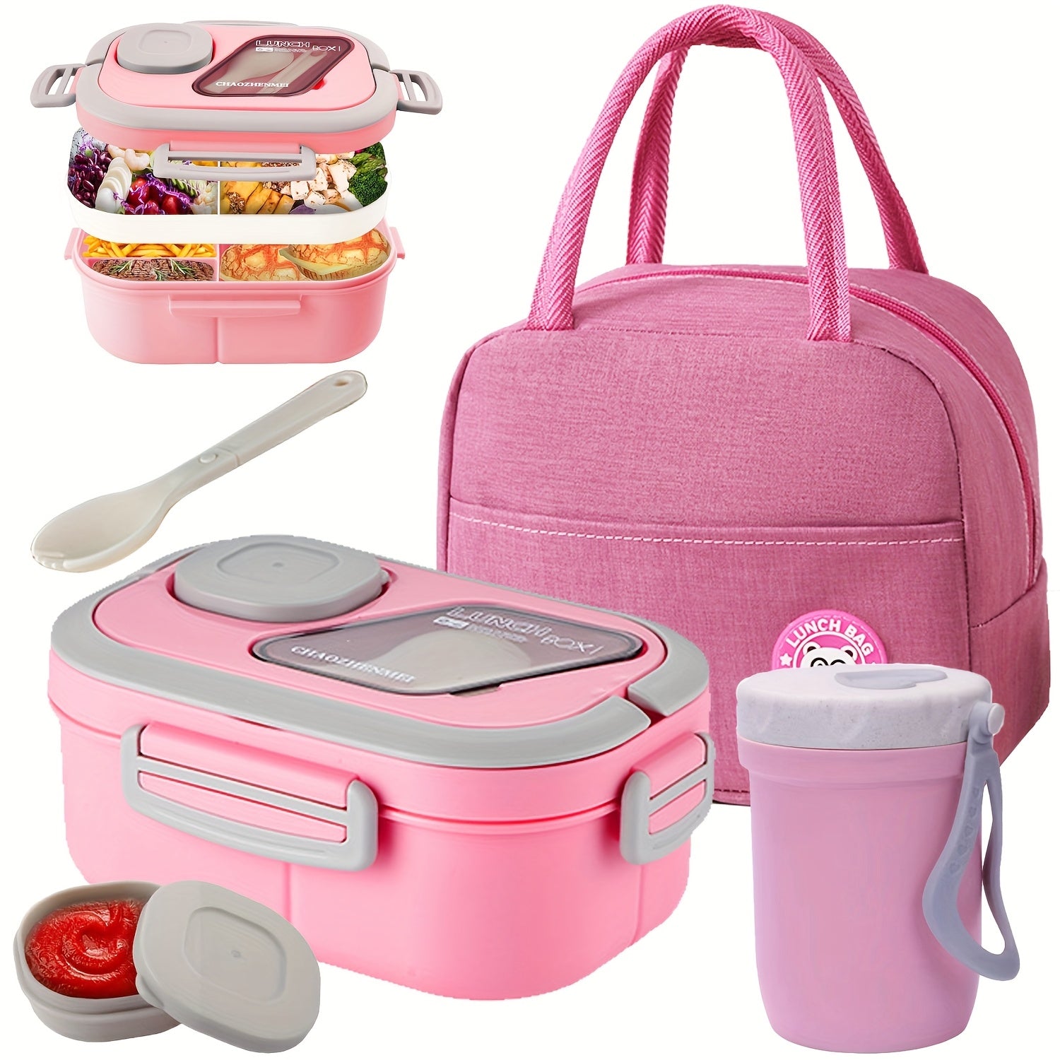 TEMU 2 Layered Multi Compartment Bento Box Set: Bento Box+cup+bag. Lunch Box Set With Cutlery And Sauce Box. For Working-traveling, Preparing Love