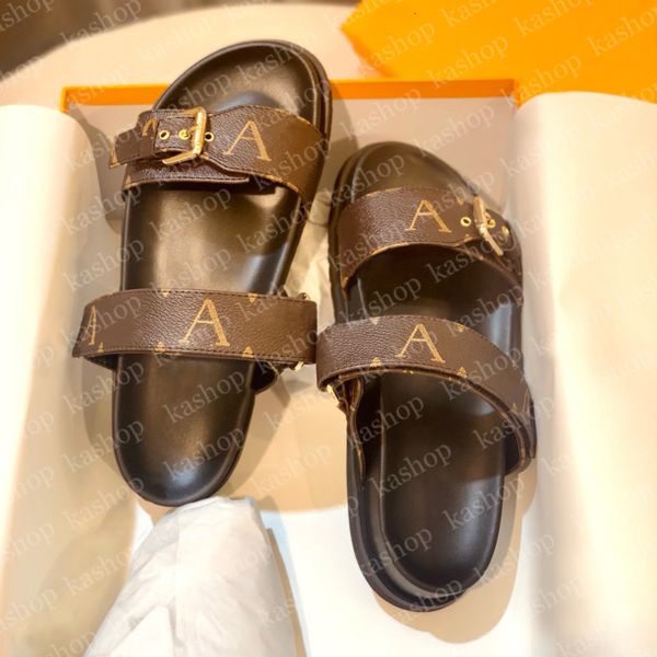 Bom Dia Luxury Genuine Leather sandal Slipper Sandles Heels Casual Shoe summer beach gladiator Mules hasp New womans Flat Slide Designer Sli