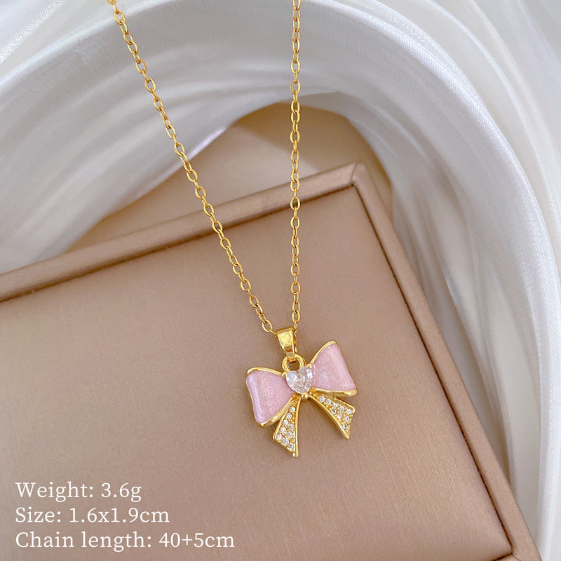 TEMU 1pc Elegant Pink Bowknot Necklace, , Cubic Zirconia, For Valentine's Day, Birthday, Anniversary, Party, Wedding