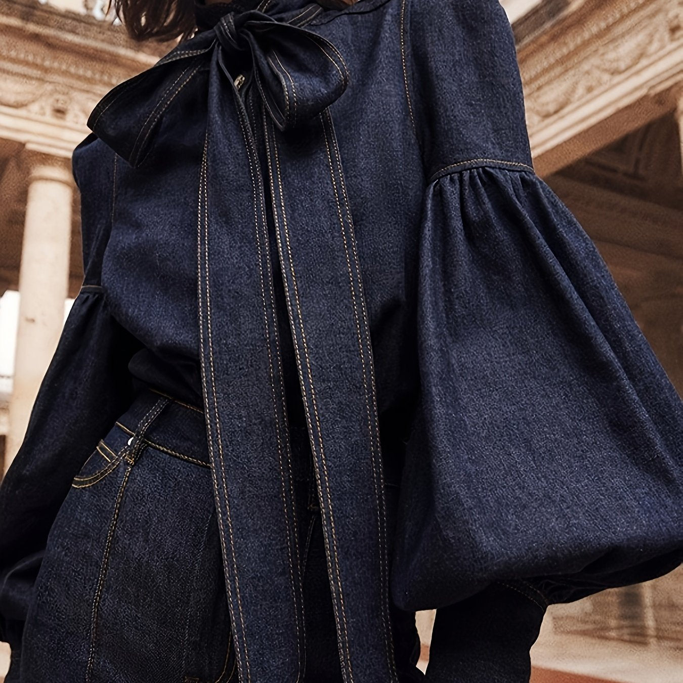 TEMU Women Fashion High Neck Blouses 2024 Autumn Puff Sleeves Denim Casual Office Shirts Tops