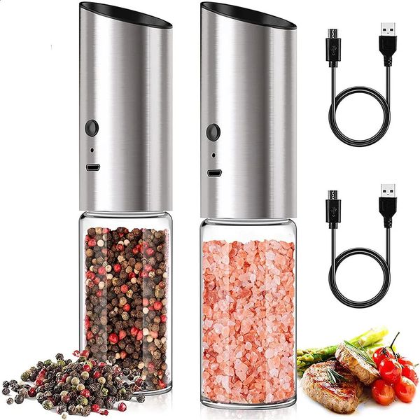 Sal elétrico e moedor Conjunto recarregável USB Eletric Pepper Mill Shakers Spice Aço Hine Hine Kitchen Tool 240717