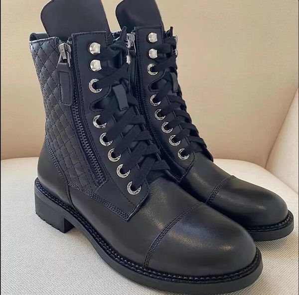 Rhombic lattice Black Ankle Boots Biker chunky flats combat Boots low heel lace-up booties leather Side zipper women luxury designers Fashio