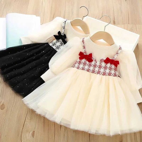 New Arrival Princess Girls Dresses Long Sleeve Bow Tulle Dress for Baby Girls Spring Autumn Lace Dress Party Dress Children Casual Clothes T