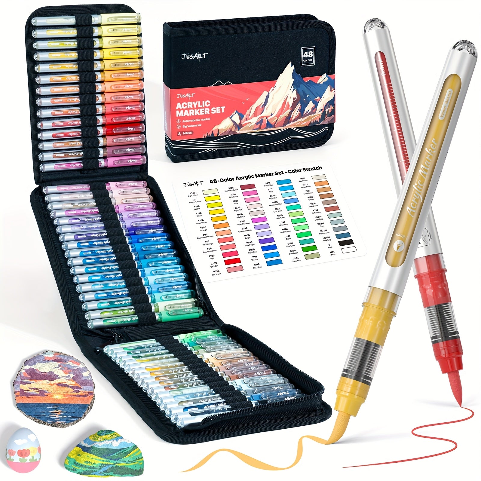 TEMU 48 Colors Acrylic Markers With Canvas Bag, Water-based No-bleed With Automatic Ink Control System, Waterproof Brush Tip Markers For Rock, Egg,