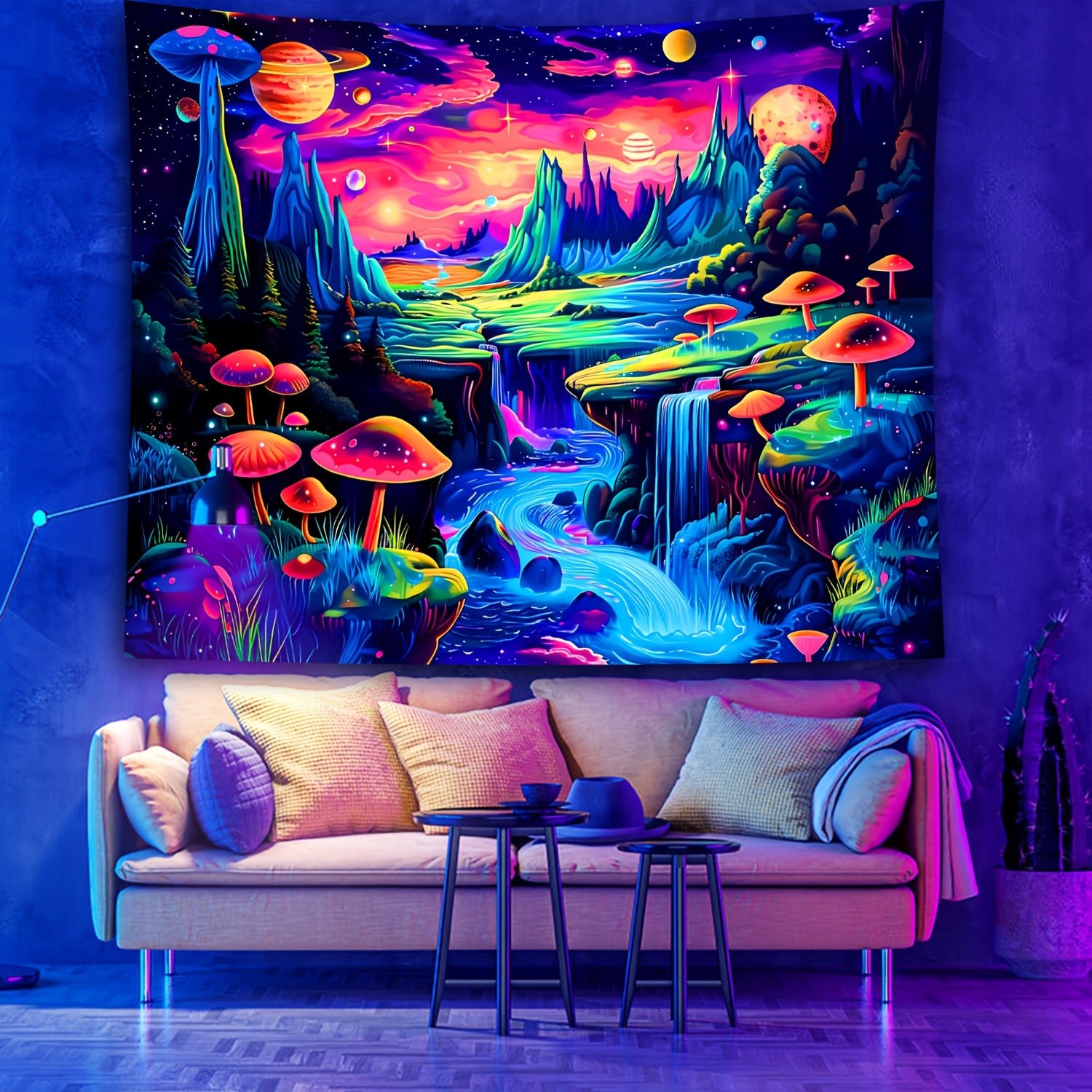 TEMU 1pc Mushroom Forest Plants Fluorescent Tapestry, Large Size Starry Landscape Colorful Aesthetics Uv Blacklight Tapestry, Wall Hanging For Living