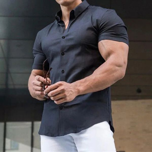 Summer Fitness Solid Color Sports Single Chest Casual Cardigan Business Shirt Short Sleeve Flip Collar Shirt Elastic Thin Mens 240711