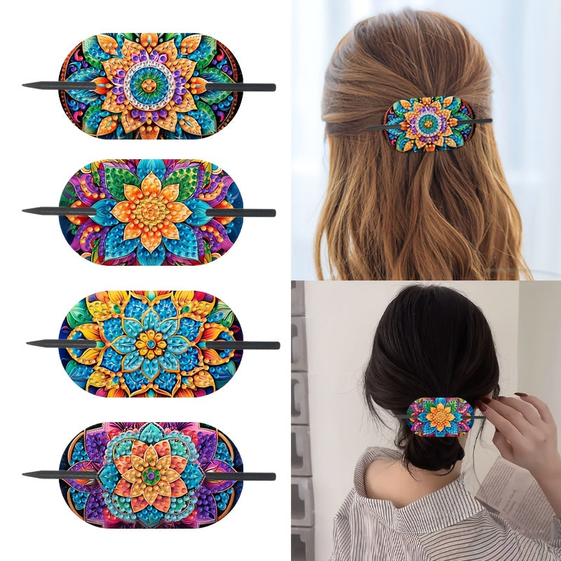 TEMU 4pcs Painting Kit - Diy Mandala Flower Hair Clip Set, Special Shape Craft Kit, Colorful Flower Mosaic Handicrafts, Suitable For Festivals, Daily