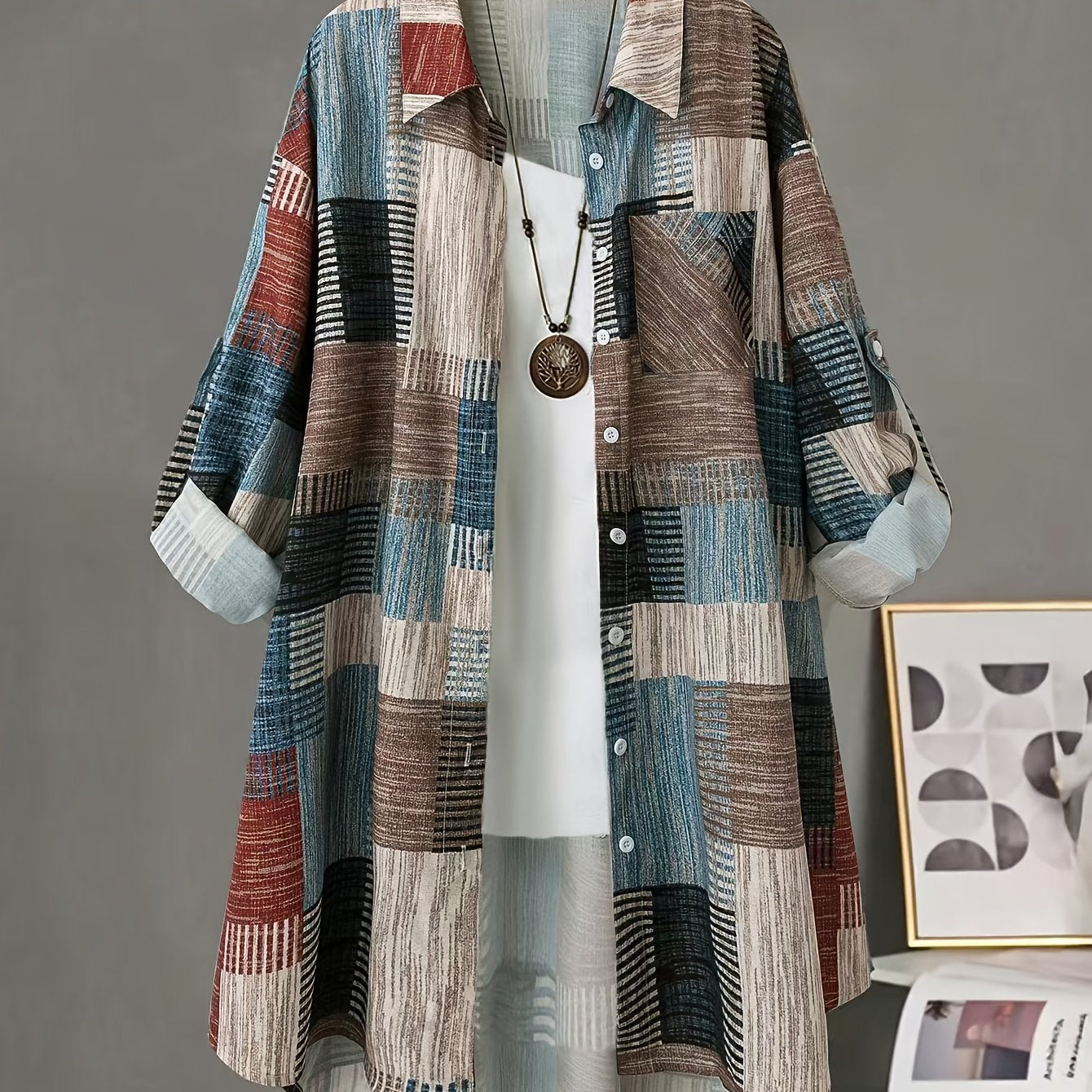 TEMU Plus Size Women's Clothing—bohemian Block Long Sleeve Shirt - Vintage Color Block - Suitable For Casual - Fresh And Comfortable, Ladies' Apparel