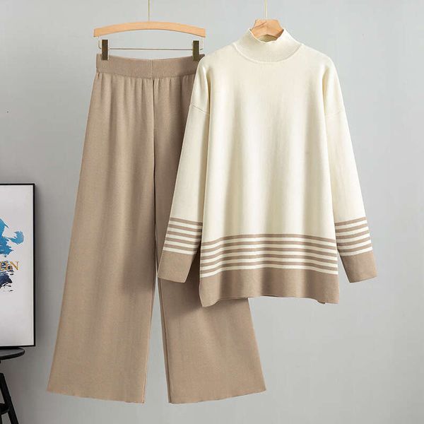 Half high collar striped sweater for womens autumn and winter 2024 new style contrasting pants fashion two-piece set trendy