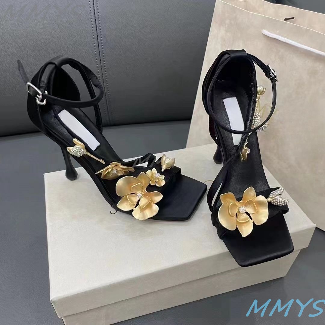 Designer Sandals Luxury Dress Shoes Gold Flower High Heels Black Womens Open-toe Evening Shoes 9cm Size 35-40