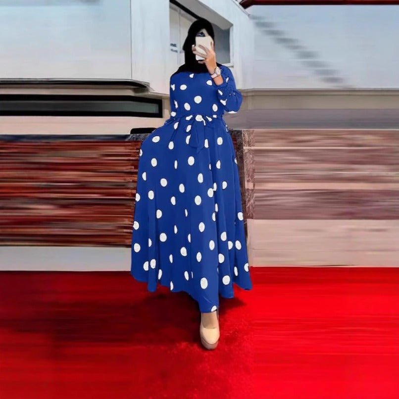 (125) Polka dot long sleeve loose swing dress