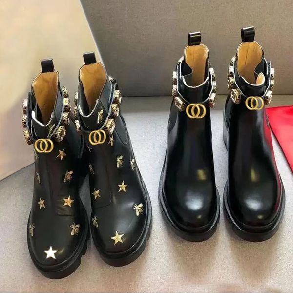 short boots women shoes designer SHoes 100% cowhide Belt buckle Metal Thick heels Leather shoe High heeled Fashion Diamond Lady boot Large