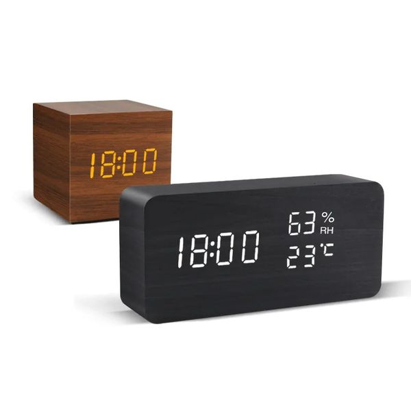 Desk Table Clocks Alarm Clock LED Wooden Watch Voice Control Digital Wood Despertador USBAAA Powered Electronic Desktop 230921