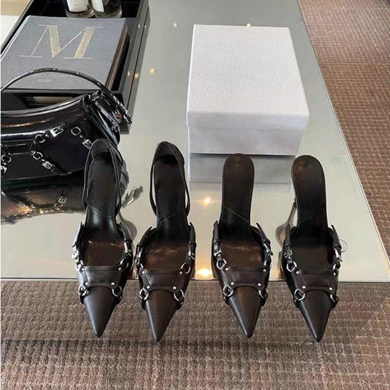 2024 European New Sandals Black High Heels Niche Design Sense Belt Buckle Baotou Thin Heel Pointed Single Shoes Female Pumps