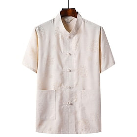 Homens Camisa Social camisa de linho Camisa casual Camisa de algodão Camisa Chinesa Branco Bege Cinzento Manga Curta Dragão Colarinho Mandarim Verão Rua Feriad