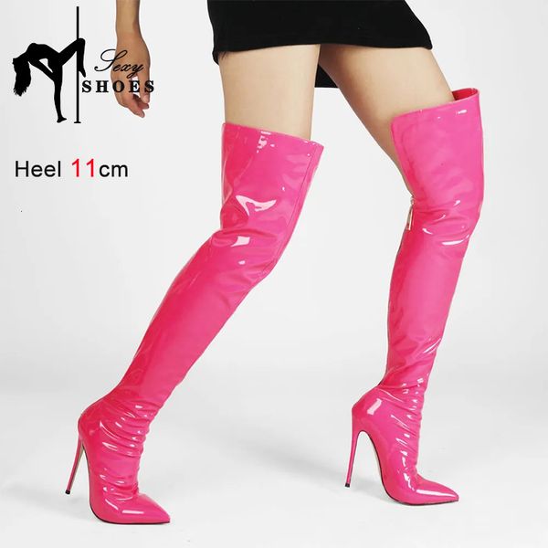 Spring-Autumn For Shiny PU Stretch 11Cm Over-The-Knee Boots Pointed Toe Thin Heels Rear Zipper Women High Heel