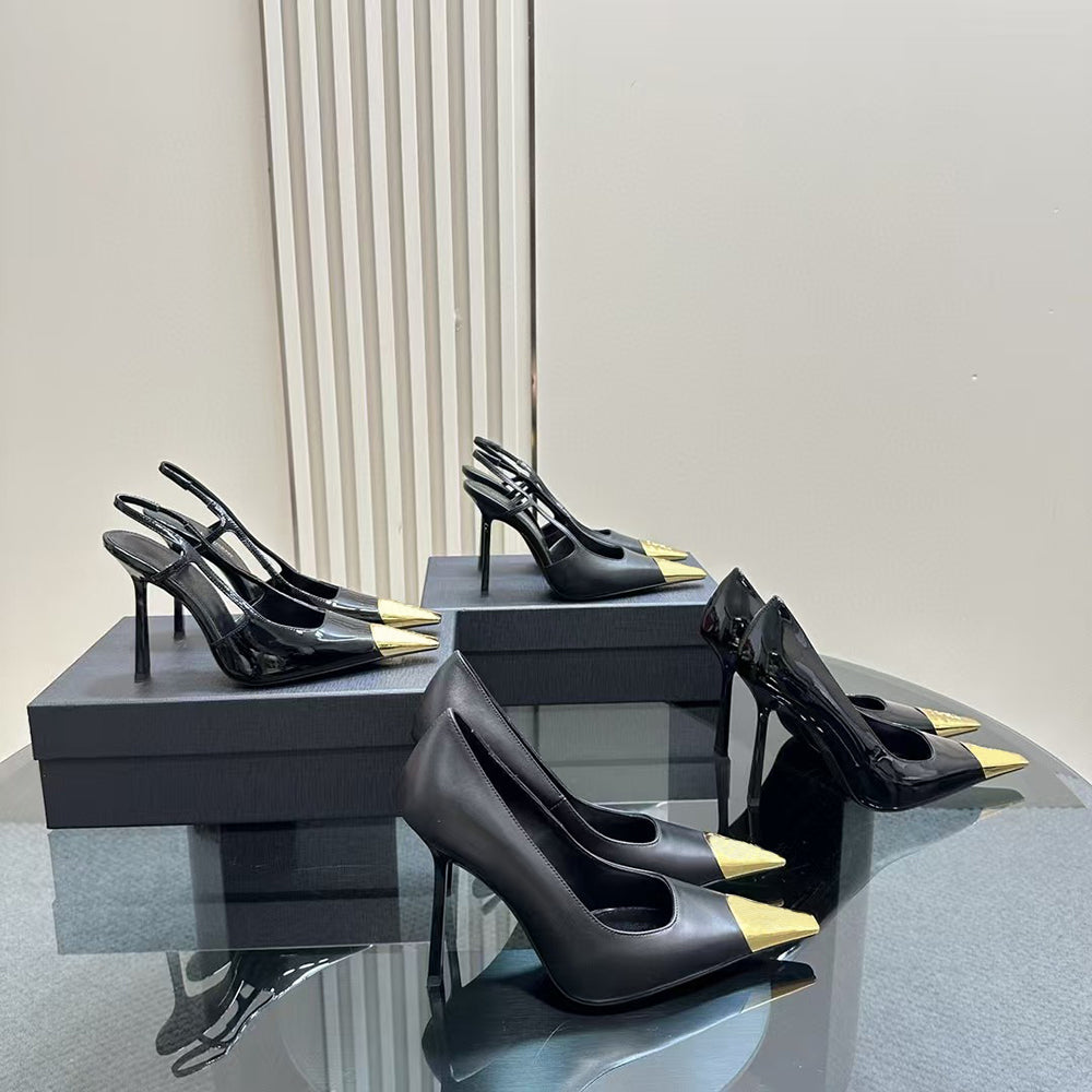 Women&#039;s Rear sling Stiletto heel Dress Shoes Cowhide patent leather iron toe Slingbacks Sandals luxury designer Party wedding Evening shoes 35-