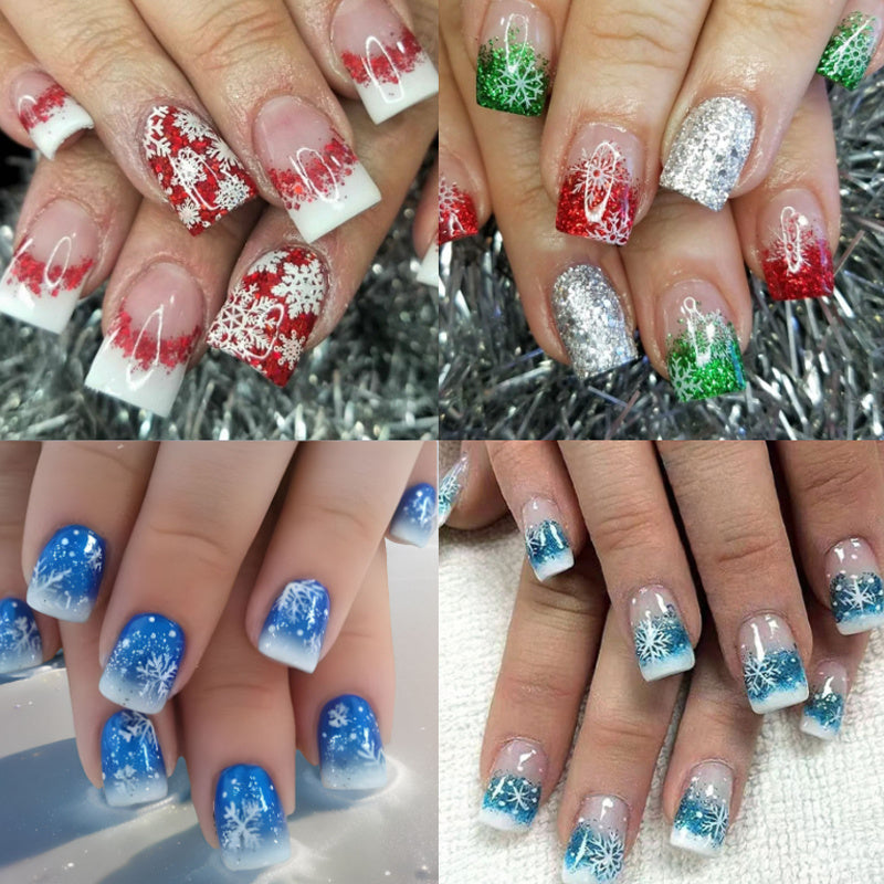 TEMU Christmas 96pcs (4pcs) French Red Snowflake Press-on Nails Set - Gradient Short Square, Glossy Finish For Festive Holiday Manicure