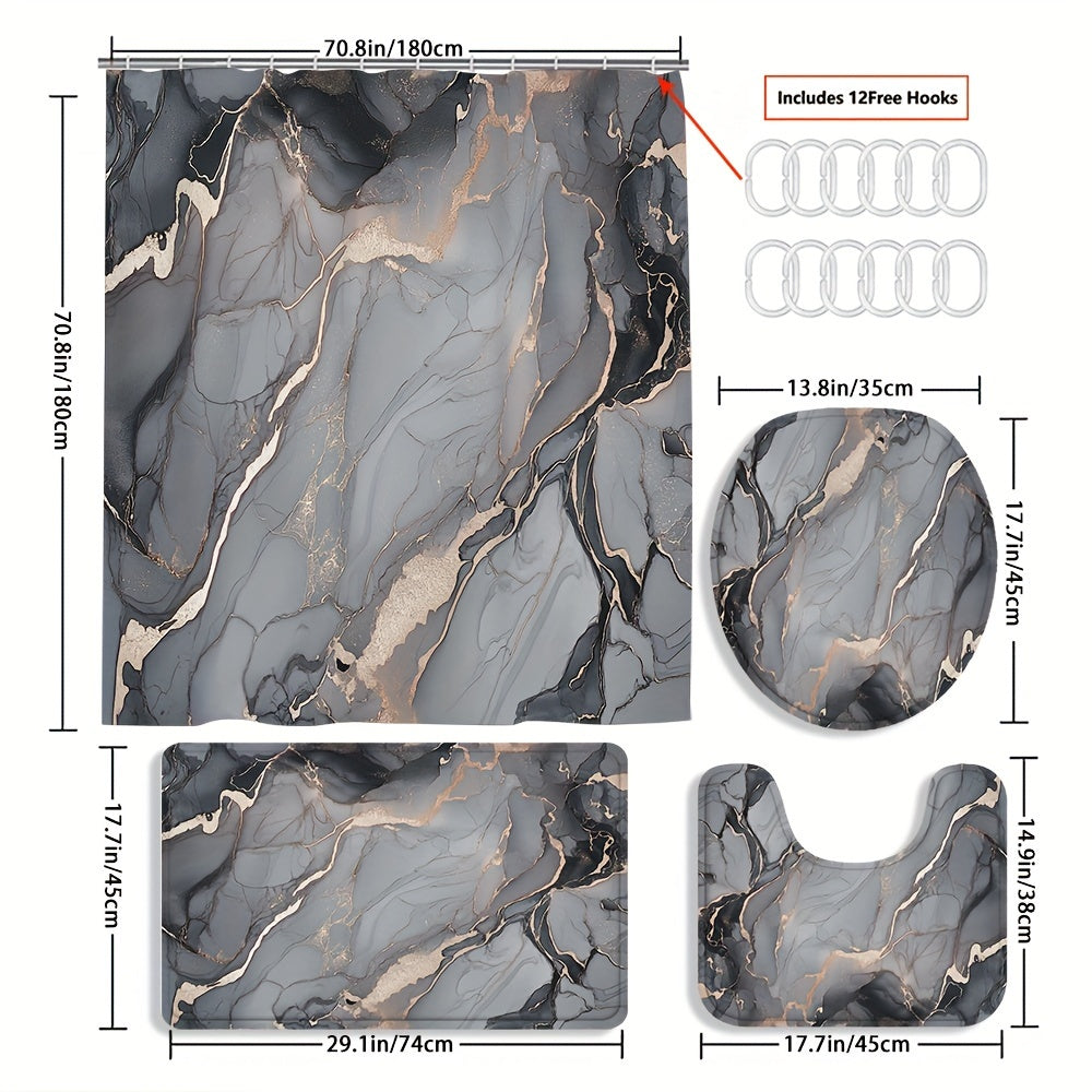 TEMU 4pcs Marble Curtain Shower Curtain Decoration, Beautiful Housewarming Gift Decoration, Shower Curtain And Toilet Floor Mat Three-piece Set Comes