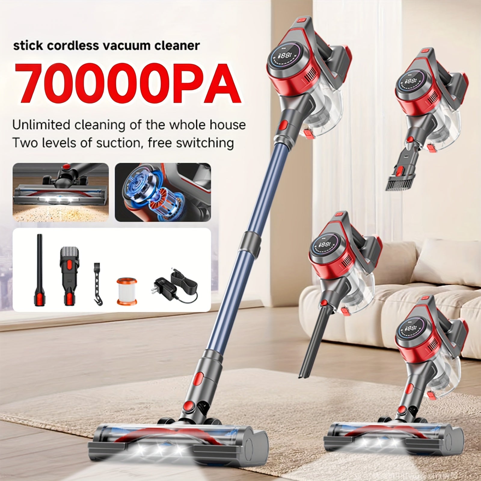 TEMU Cord And Cordless Vacuum Cleaner For Home, Max 70kpa Stick Vacuums Lightweight, Some Have With Detachable Battery Display, Max 45mins , 8in 1