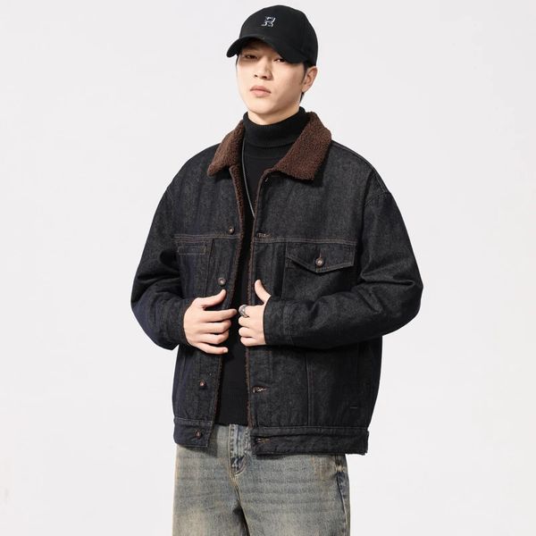Men Autumn Winter Faux Fur Liner Fashion Loose Casual Plus Size Thicken Denim Jacket Cityboy Jeans Coat Cowboy Outerwear 241220