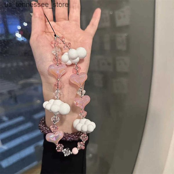 Cell Phone Straps Charms Cute Sweet Pink Clouds Love Heart Phone Chain Lanyard Charm Strap Wrist Bead Hanging Cord Bracelet Keychain For Cam