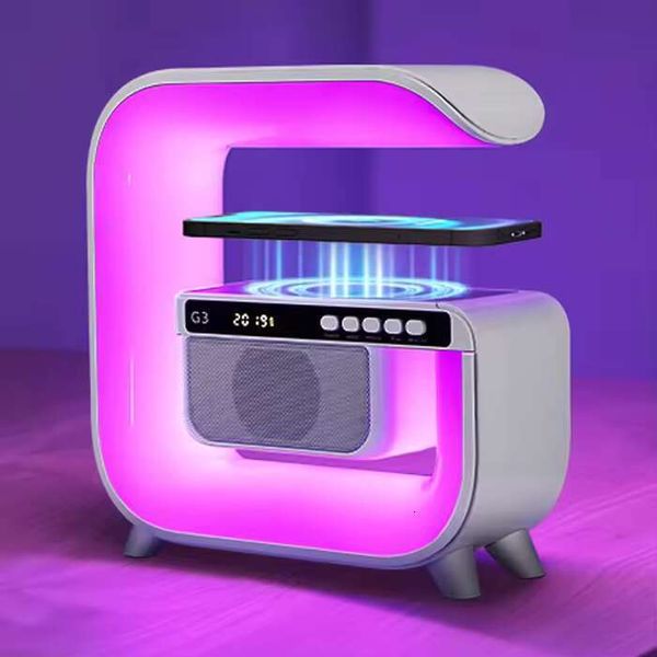 shanshi Hot selg smart electronics G shaped multi function alarm clock bluetooth speaker led lamp wireless charger