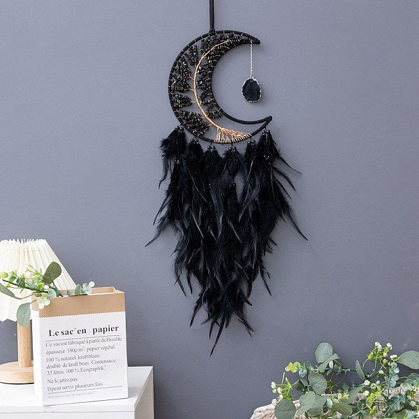 Moon with Tree of Life Natural Obsidian Chips Woven Web-Net with Feather Decorations
