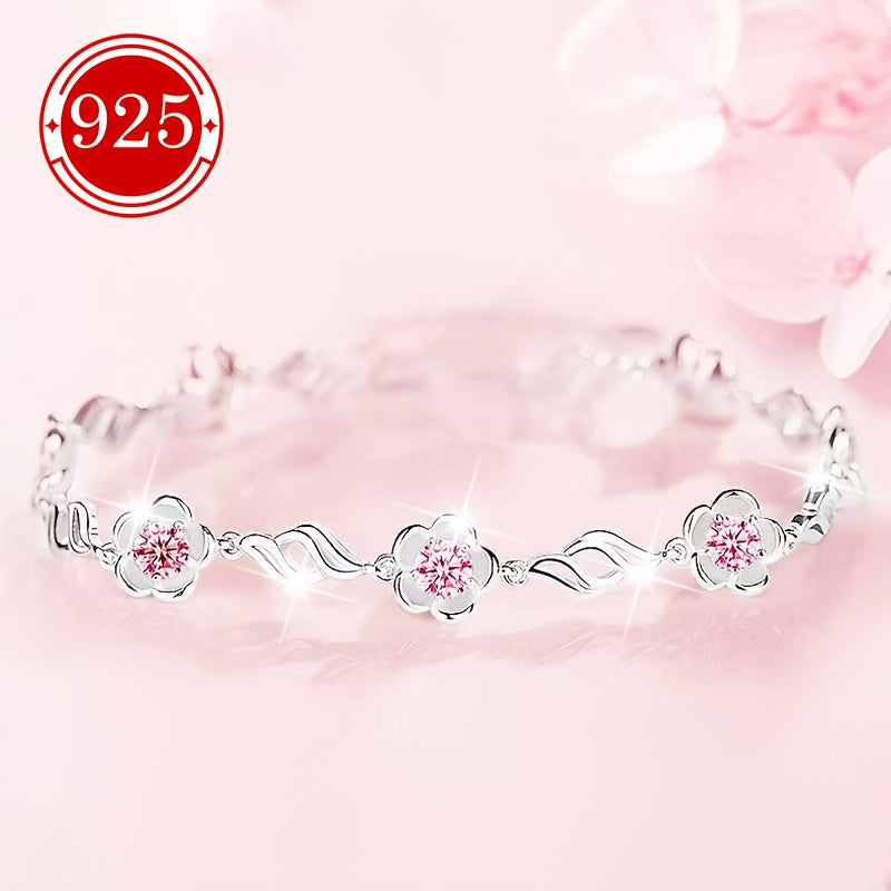 TEMU 925 Silver Hypoallergenic Bracelet, 1 Pack, Women's Peach Bracelet, Light Luxury Design Flower Hand Ornament, For Couples, , Daily Wedding