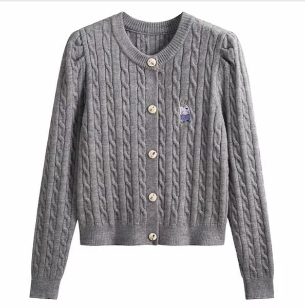 Round neck Fried Dough Twists knitting cardigan autumn embroidery