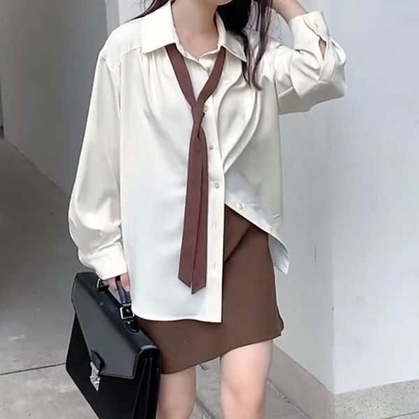 Vintage Elegant Loose Blouses Women Harajuku Chic Office Shirt with Tie Long Sleeve Shirts Aesthetic Female Tops Blouse