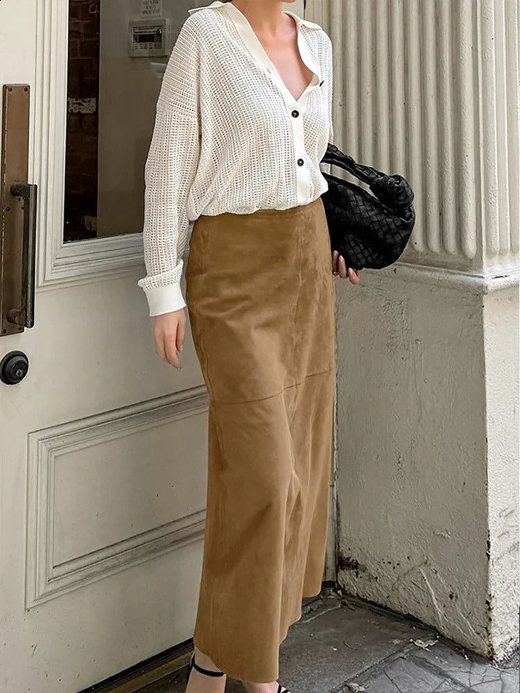 Aynaray Autumn Winter Women Maxi Suede Skirts Solid Khaki High Waist Flare Trumpet Long Skirt For Women 240805
