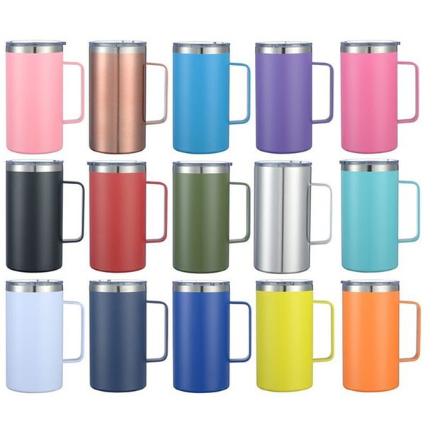 24oz Coffee Cup Mugs Double Wall Stainless Steel Vacuum Insulated Ice Beer Cups Camping Travel Tumbler Cups With Handle & Closed Spill Proof