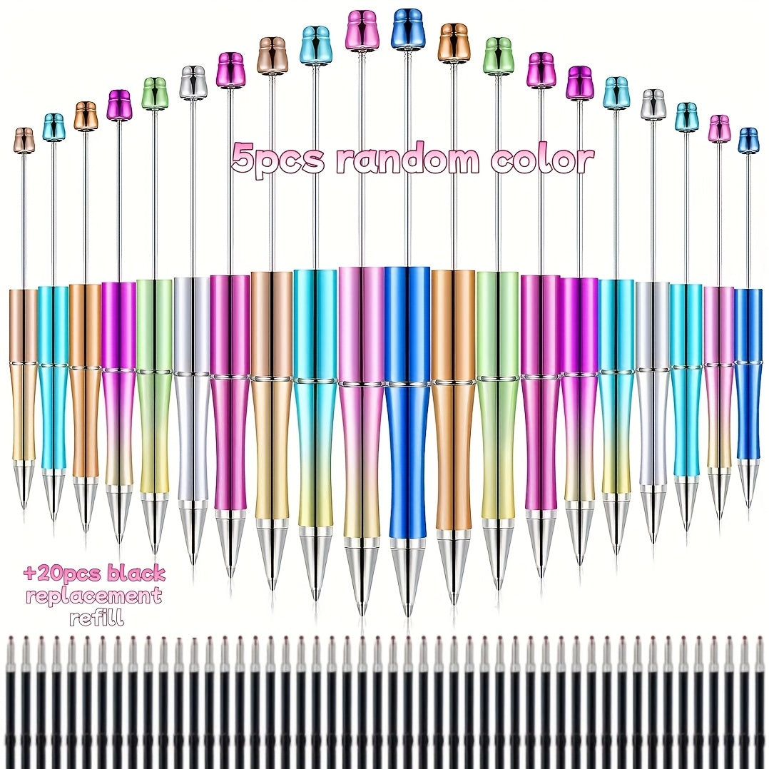 TEMU 25pcs 25pcs (5 Pens + 20pcs Black Refills) Uv Coated Transparent Shiny Luxury Beaded Ballpoint Pen Focus Bead Making Pen Suitable For Holiday